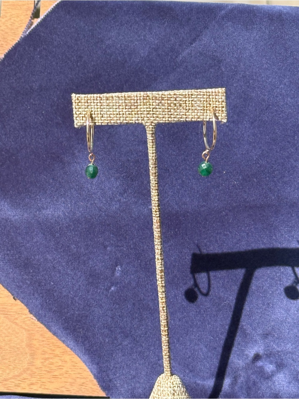 Hand Crafted Gold Hoop Earrings with Emerald Green Drops
